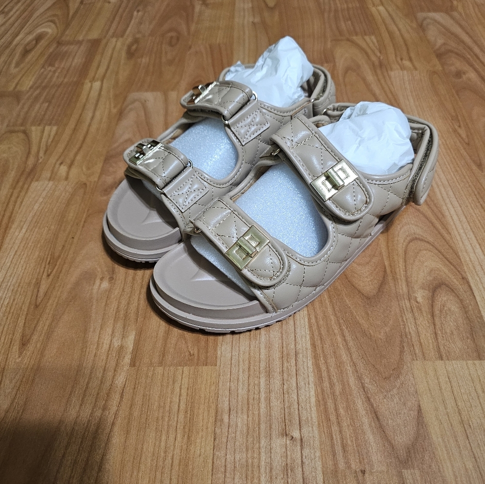Qupid Beige Quilted Sandals with Gold Buckles
